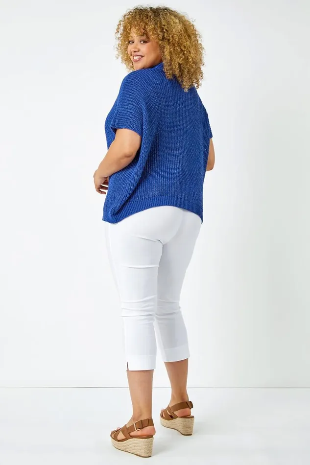 Women White Curve Elastic Waist Stretch Cropped Trouser Roman Trousers