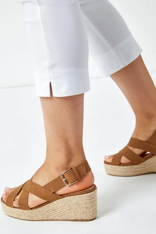 Women White Curve Elastic Waist Stretch Cropped Trouser Roman Trousers