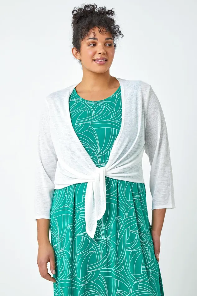Women White Curve Tie Front Stretch Cropped Cardigan Roman Tops