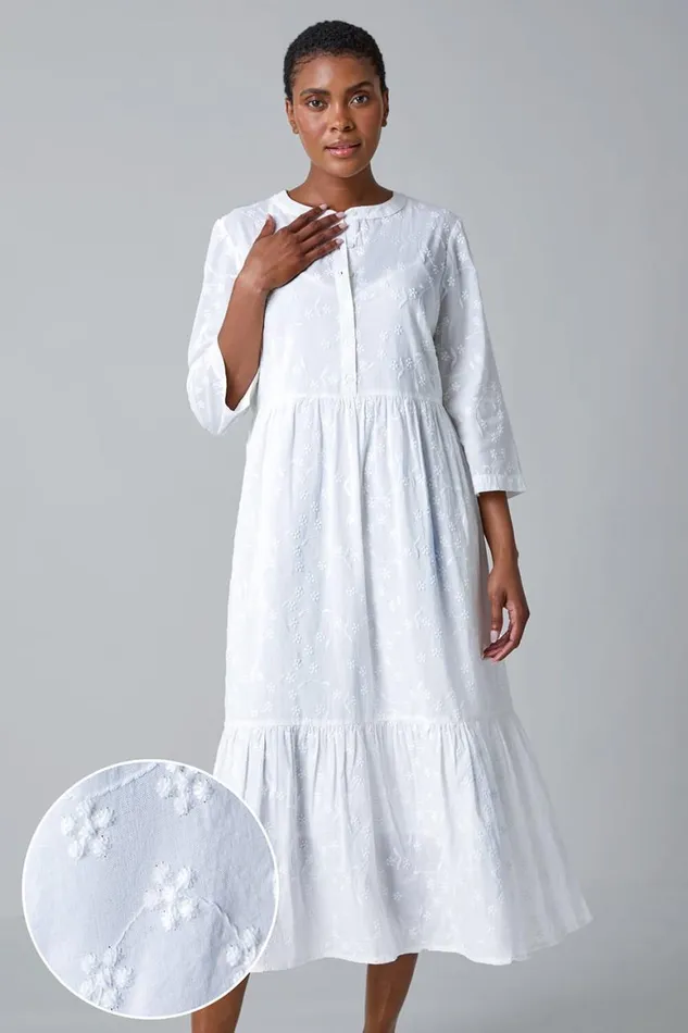 Women White Embroidered Tiered Cotton Midi Dress Roman Dresses