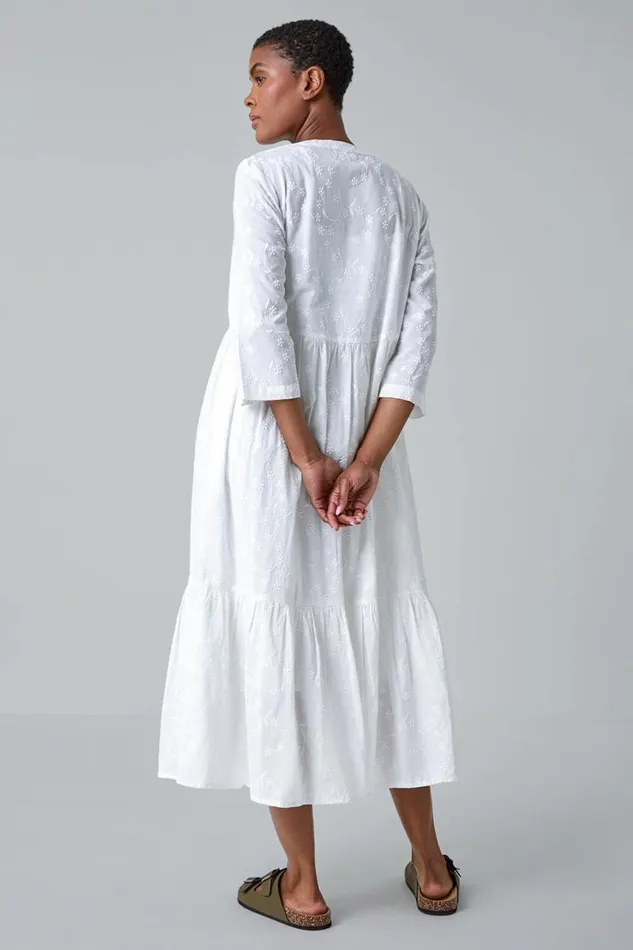 Women White Embroidered Tiered Cotton Midi Dress Roman Dresses
