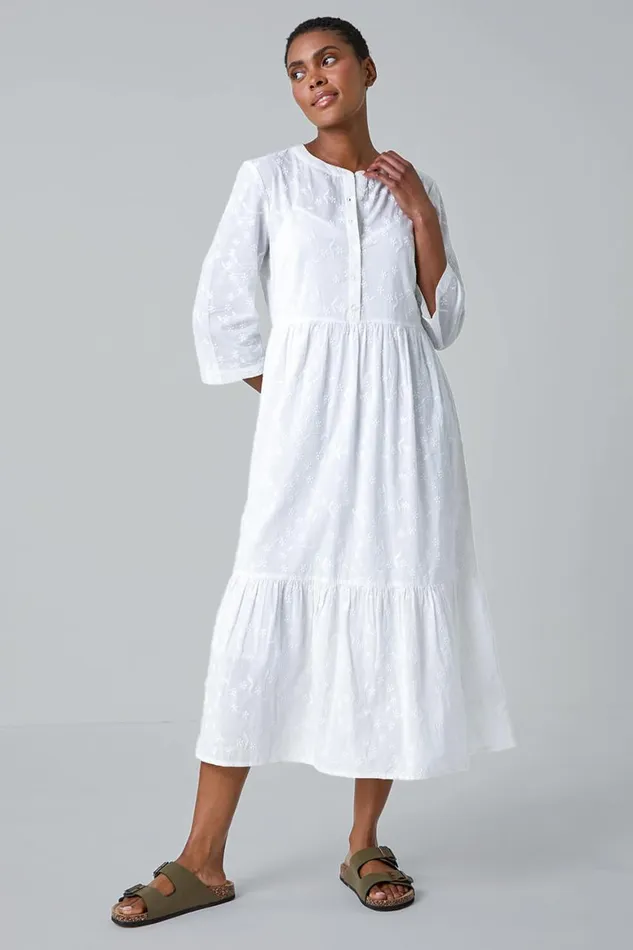 Women White Embroidered Tiered Cotton Midi Dress Roman Dresses
