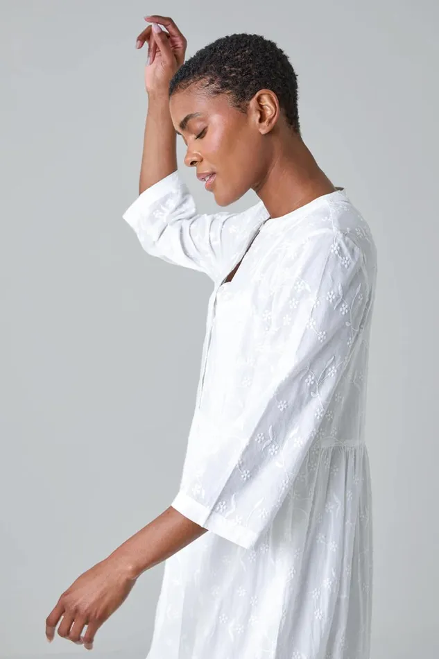 Women White Embroidered Tiered Cotton Midi Dress Roman Dresses