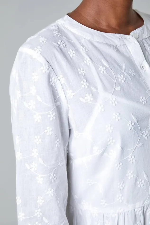 Women White Embroidered Tiered Cotton Midi Dress Roman Dresses