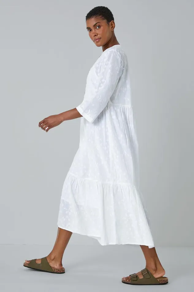 Women White Embroidered Tiered Cotton Midi Dress Roman Dresses