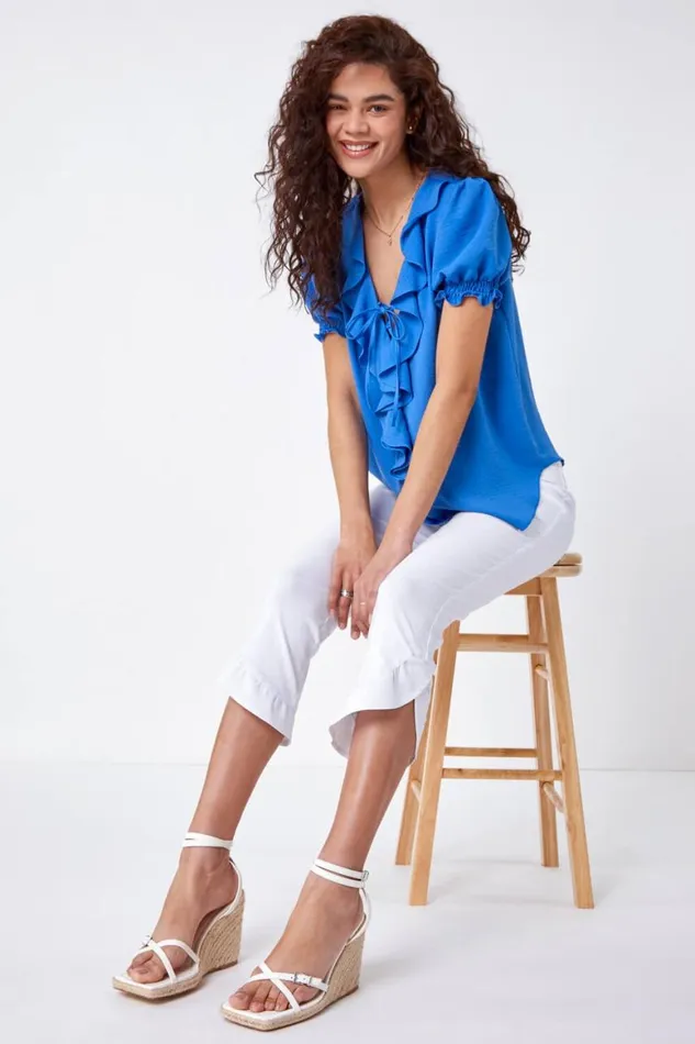 Women White Frill Hem Stretch Cropped Trousers Roman Trousers
