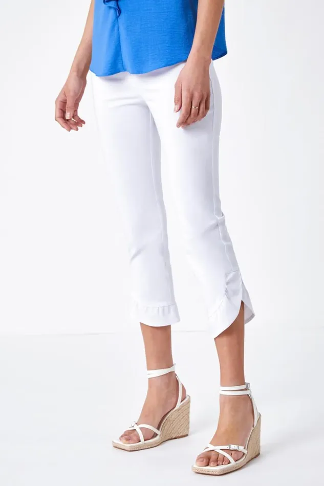Women White Frill Hem Stretch Cropped Trousers Roman Trousers