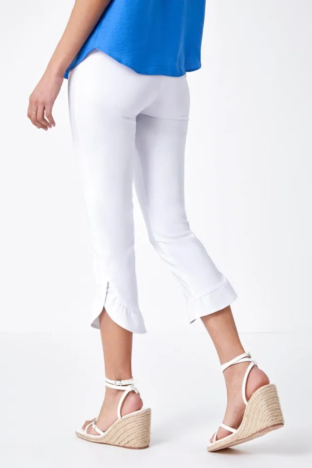 Women White Frill Hem Stretch Cropped Trousers Roman Trousers