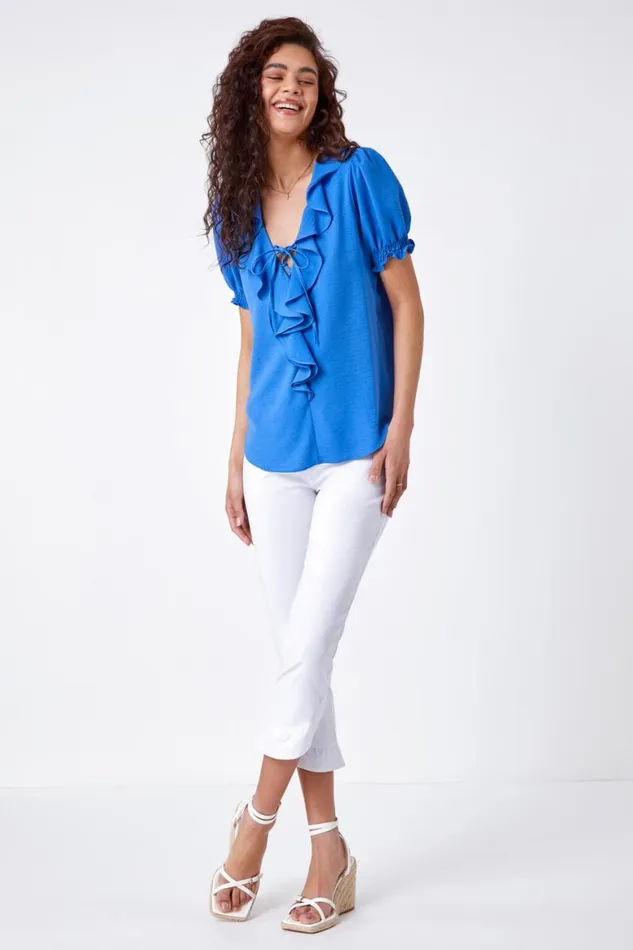 Women White Frill Hem Stretch Cropped Trousers Roman Trousers