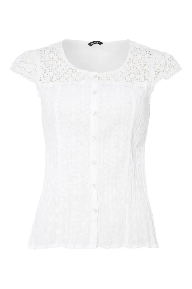 Women White Lace Yoke And Sleeve Crinkle Blouse Roman Tops