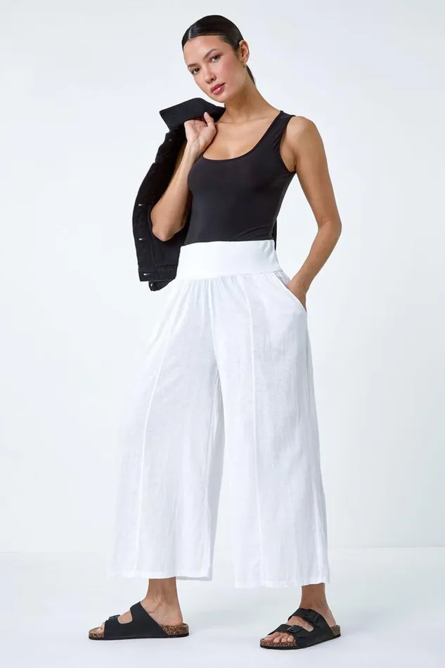 Women White Linen Blend Elastic Waist Cropped Culottes Roman Trousers