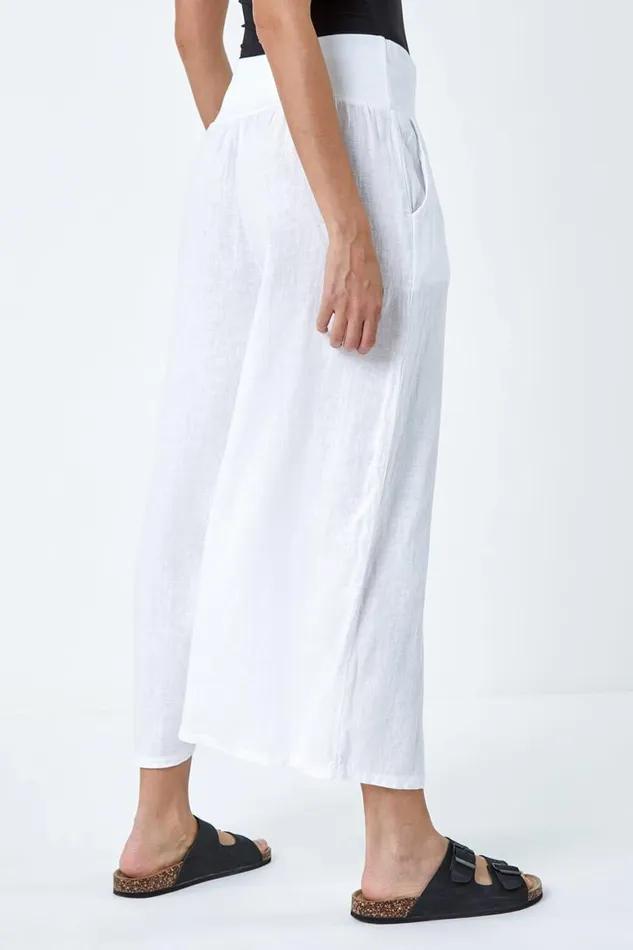 Women White Linen Blend Elastic Waist Cropped Culottes Roman Trousers