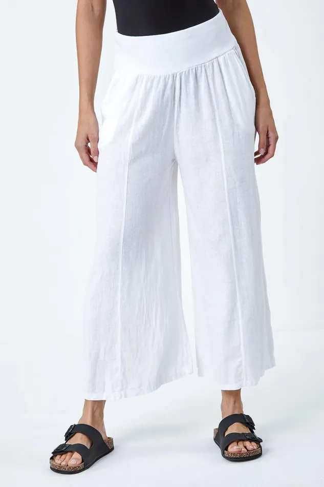 Women White Linen Blend Elastic Waist Cropped Culottes Roman Trousers