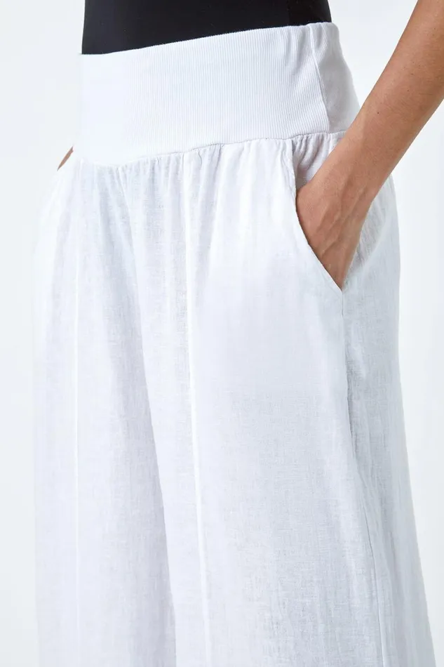 Women White Linen Blend Elastic Waist Cropped Culottes Roman Trousers