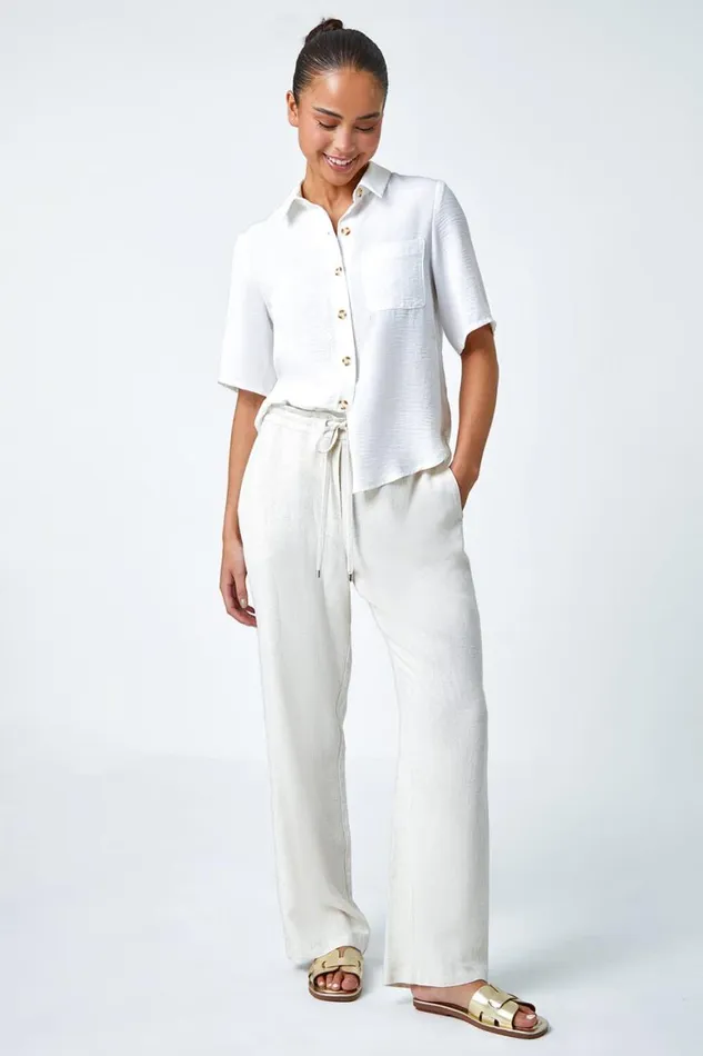 Women White Petite Button Up Pocket Shirt Roman Tops