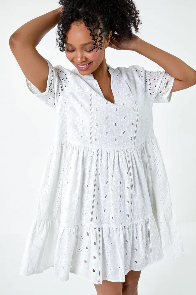 Women White Petite Cotton Broderie Frill Hem Dress Roman Dresses