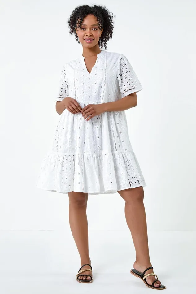 Women White Petite Cotton Broderie Frill Hem Dress Roman Dresses