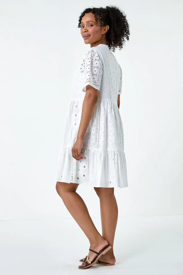 Women White Petite Cotton Broderie Frill Hem Dress Roman Dresses
