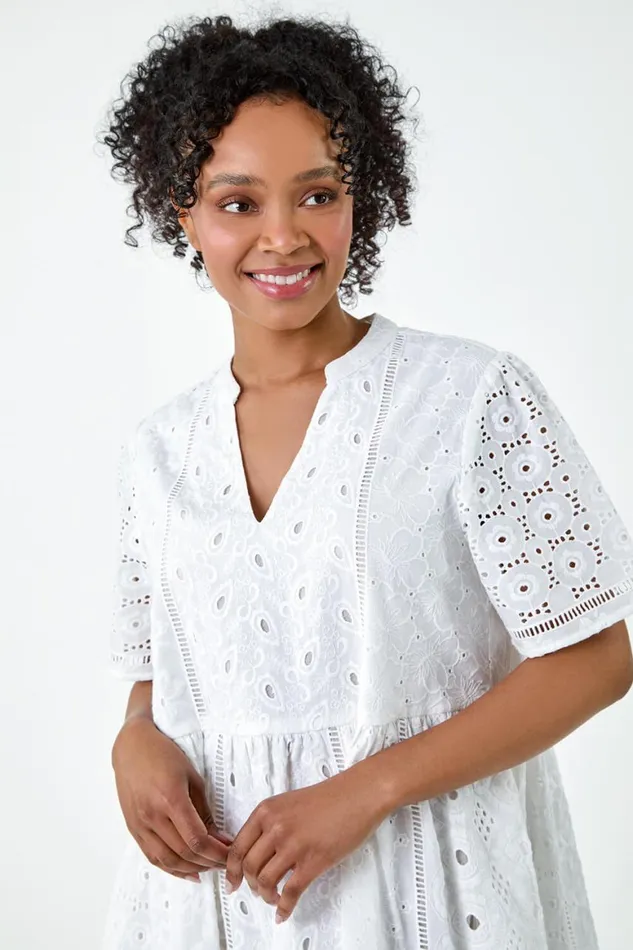 Women White Petite Cotton Broderie Frill Hem Dress Roman Dresses