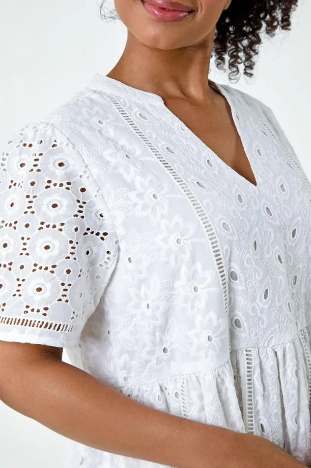 Women White Petite Cotton Broderie Frill Hem Dress Roman Dresses
