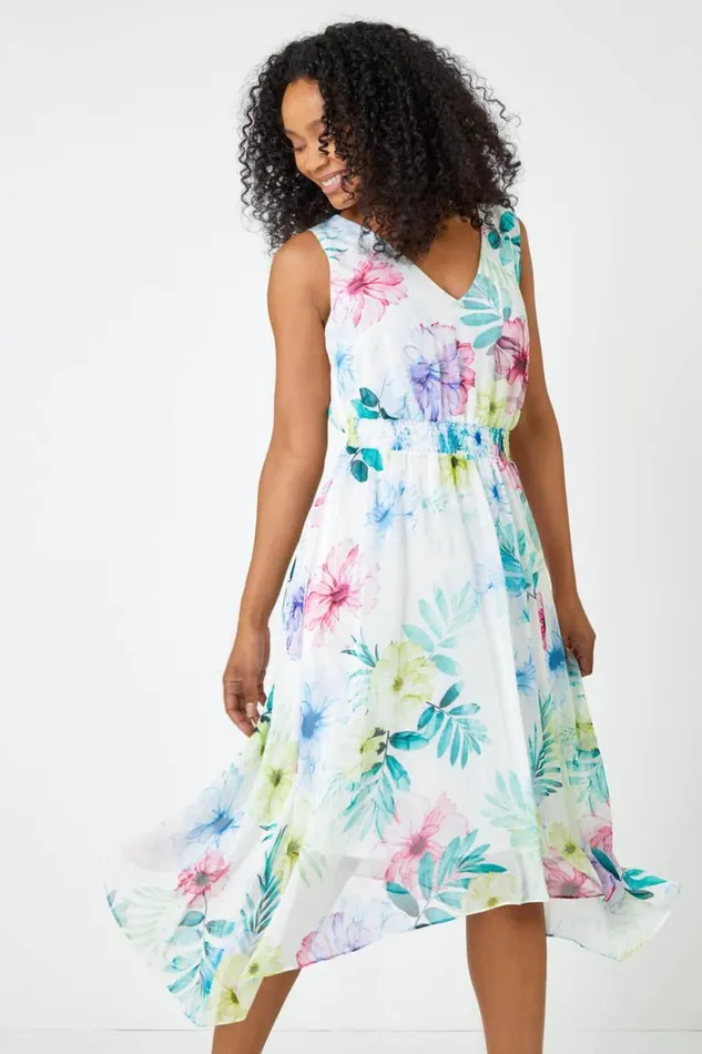 Women White Petite Floral Print Shirred Dress Roman Dresses