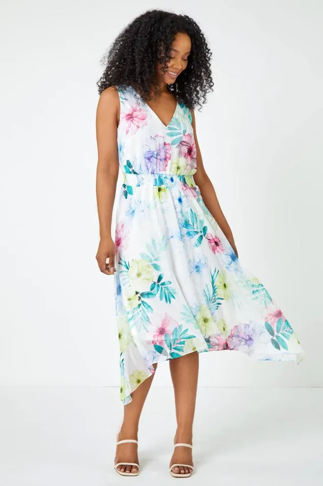 Women White Petite Floral Print Shirred Dress Roman Dresses