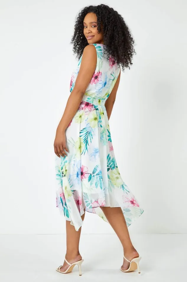 Women White Petite Floral Print Shirred Dress Roman Dresses