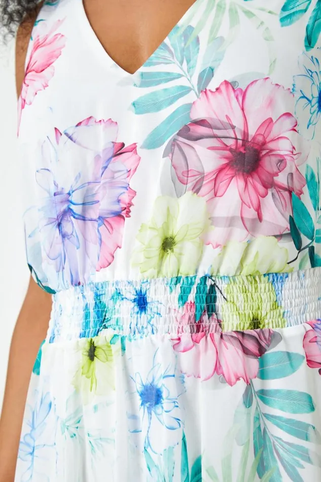Women White Petite Floral Print Shirred Dress Roman Dresses