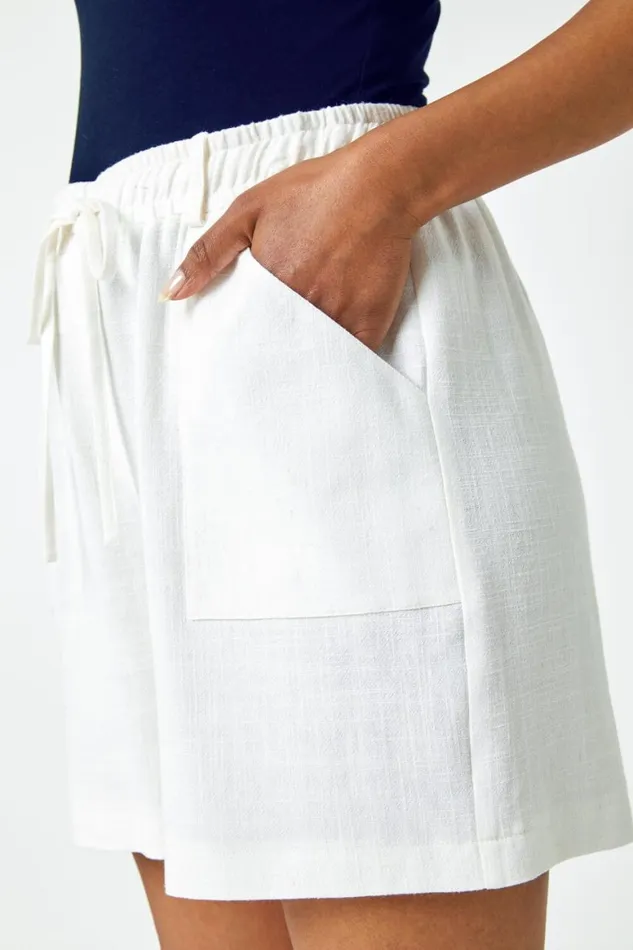 Women White Petite Linen Blend Drawstring Shorts Roman Shorts