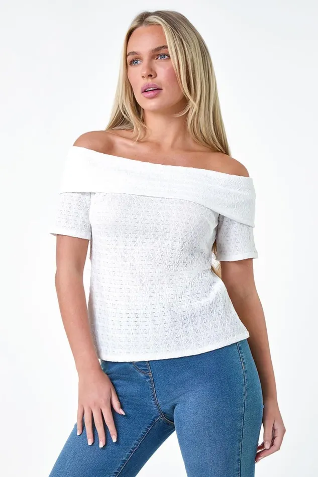 Women White Petite Textured Bardot Top Roman Tops