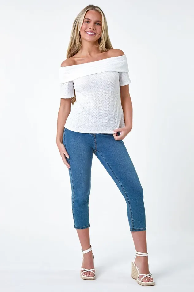 Women White Petite Textured Bardot Top Roman Tops