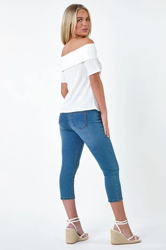 Women White Petite Textured Bardot Top Roman Tops