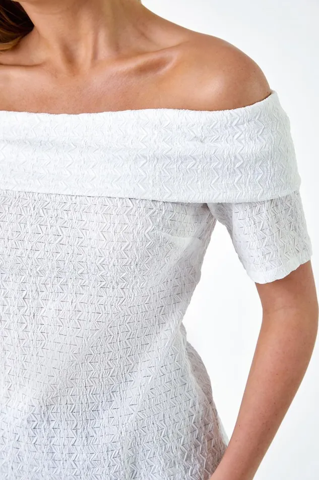 Women White Petite Textured Bardot Top Roman Tops