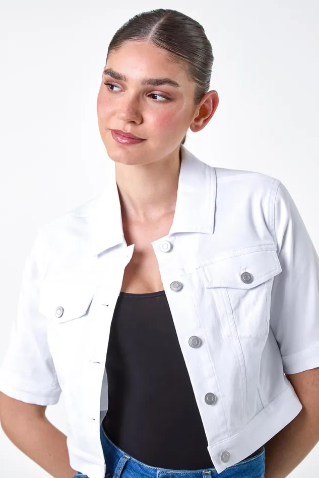 Women White Short Sleeve Stretch Jacket Roman Jackets