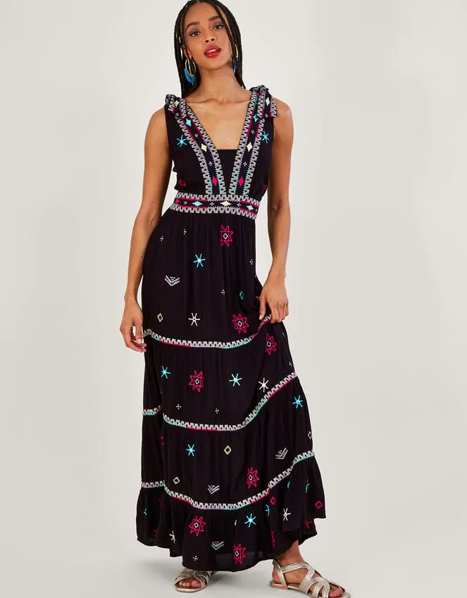 Women Wide Strap Motif Embroidered Maxi Cami Dress Black Monsoon Dresses