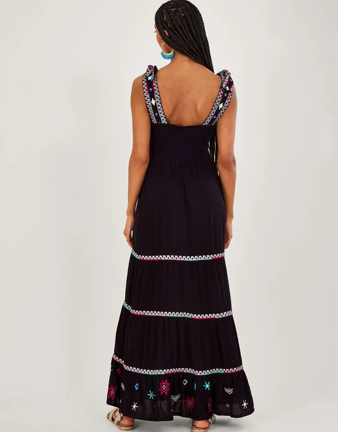 Women Wide Strap Motif Embroidered Maxi Cami Dress Black Monsoon Dresses