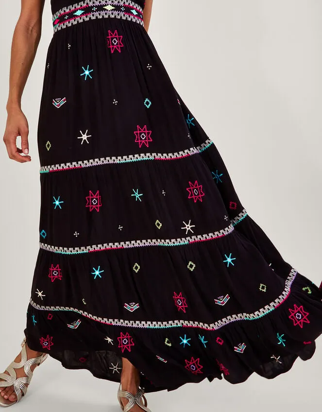 Women Wide Strap Motif Embroidered Maxi Cami Dress Black Monsoon Dresses