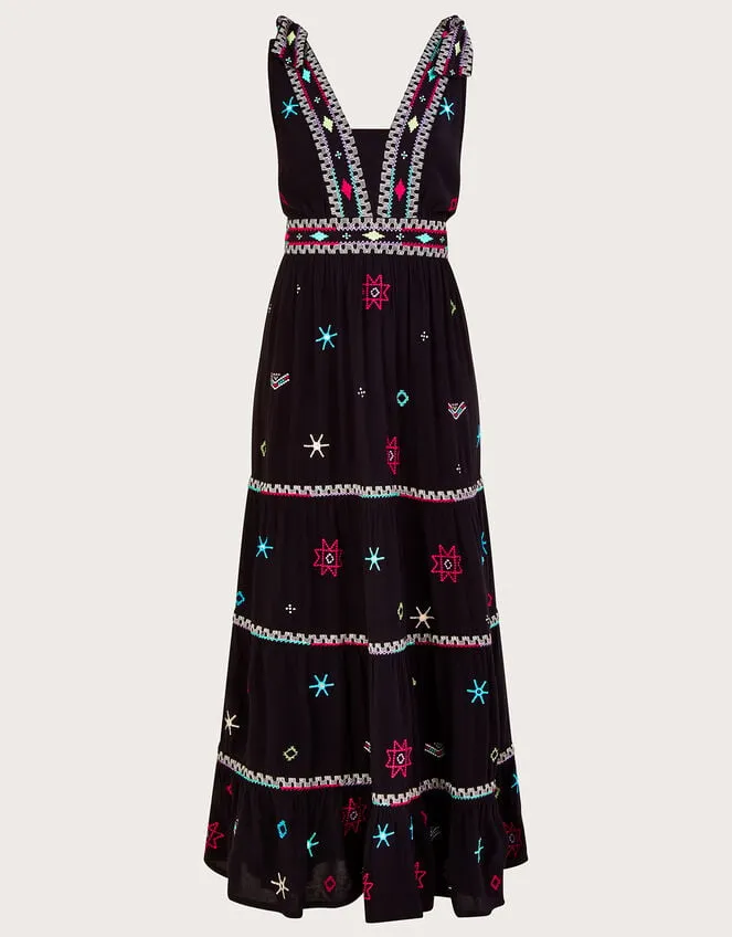 Women Wide Strap Motif Embroidered Maxi Cami Dress Black Monsoon Dresses