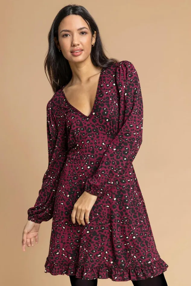 Women Wine Animal Print Frill Hem Dress Roman Dresses
