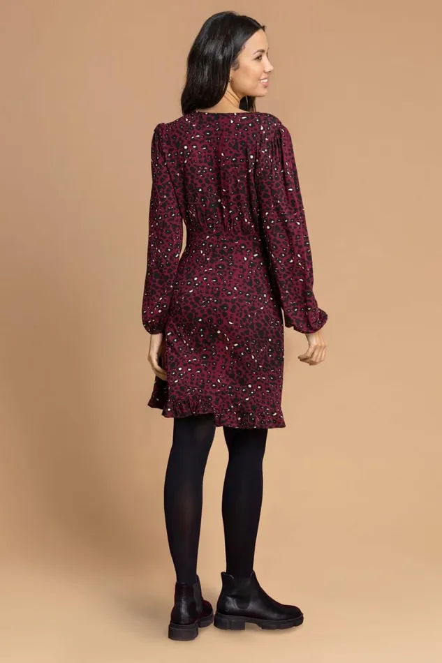 Women Wine Animal Print Frill Hem Dress Roman Dresses