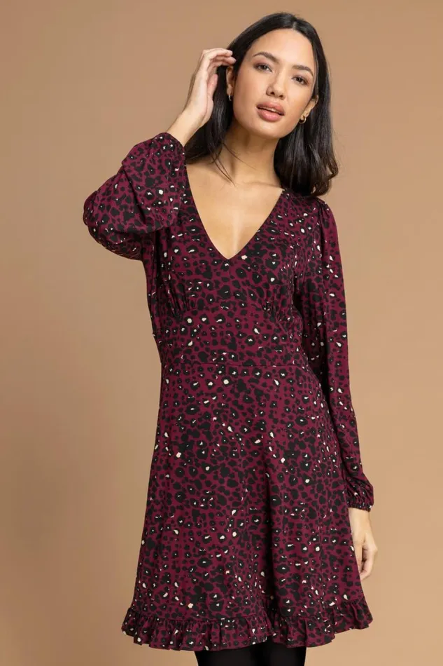 Women Wine Animal Print Frill Hem Dress Roman Dresses