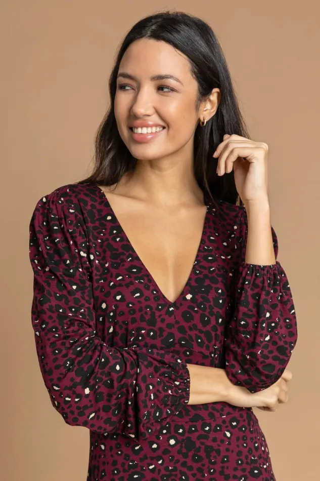 Women Wine Animal Print Frill Hem Dress Roman Dresses