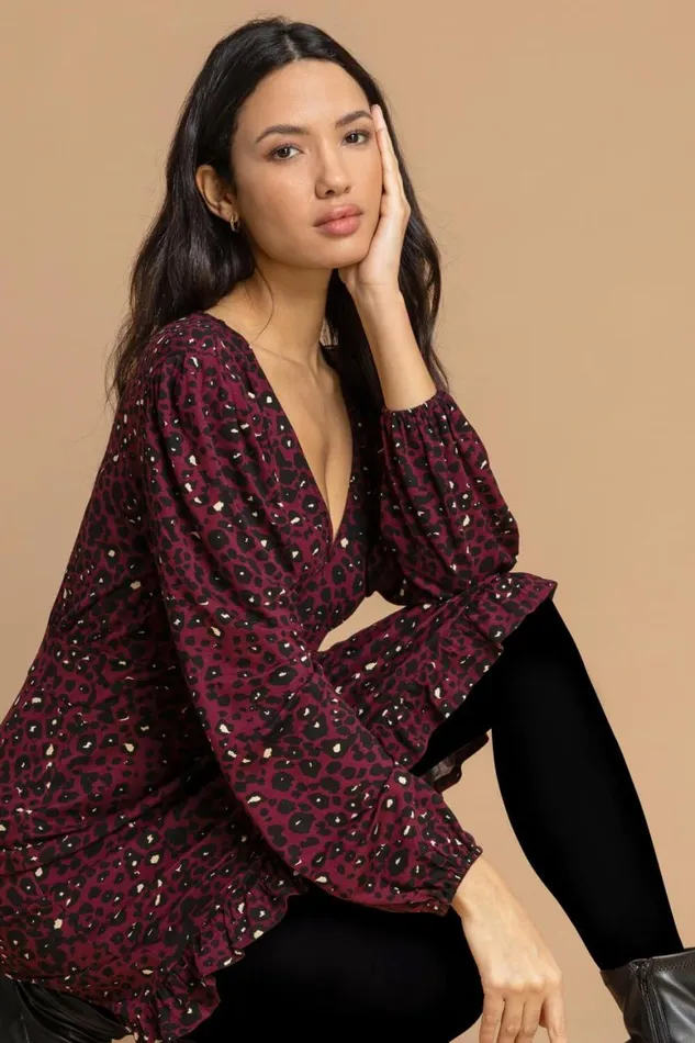 Women Wine Animal Print Frill Hem Dress Roman Dresses