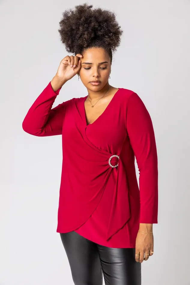 Women Wine Curve Wrap Diamante Buckle Top Roman Tops