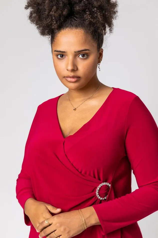Women Wine Curve Wrap Diamante Buckle Top Roman Tops