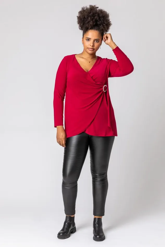 Women Wine Curve Wrap Diamante Buckle Top Roman Tops