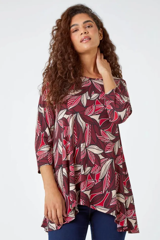 Women Wine Leaf Print Stretch Swing Tunic Top Roman Tops