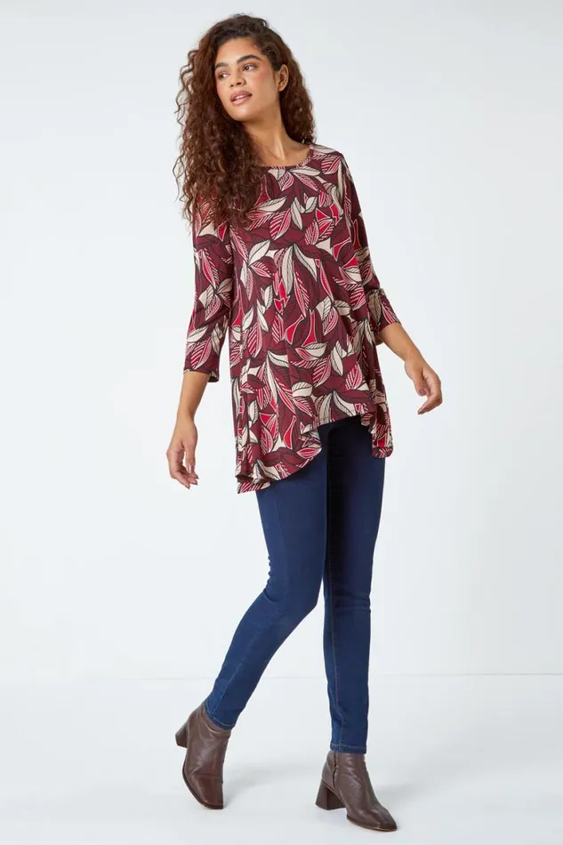 Women Wine Leaf Print Stretch Swing Tunic Top Roman Tops