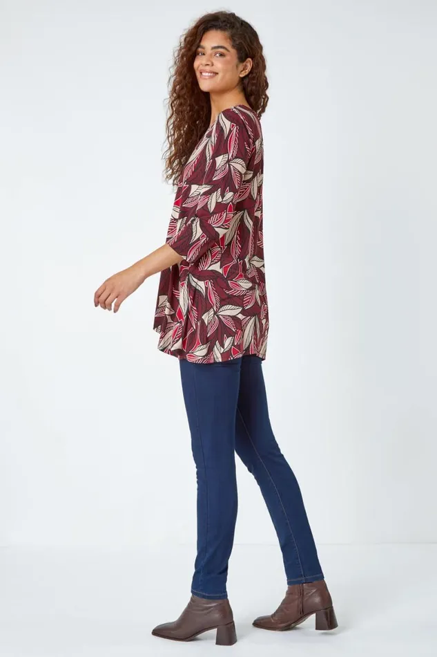 Women Wine Leaf Print Stretch Swing Tunic Top Roman Tops