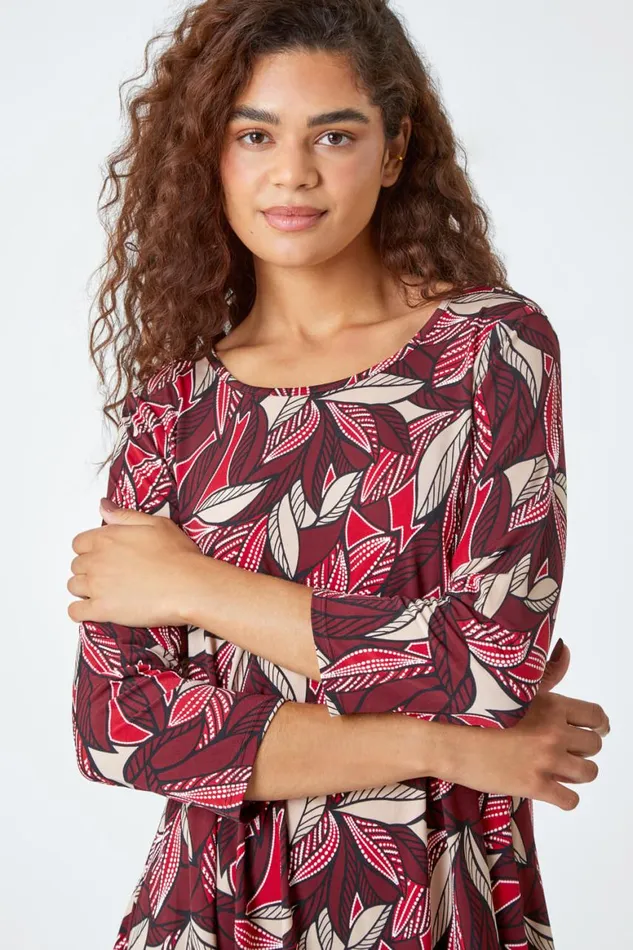 Women Wine Leaf Print Stretch Swing Tunic Top Roman Tops